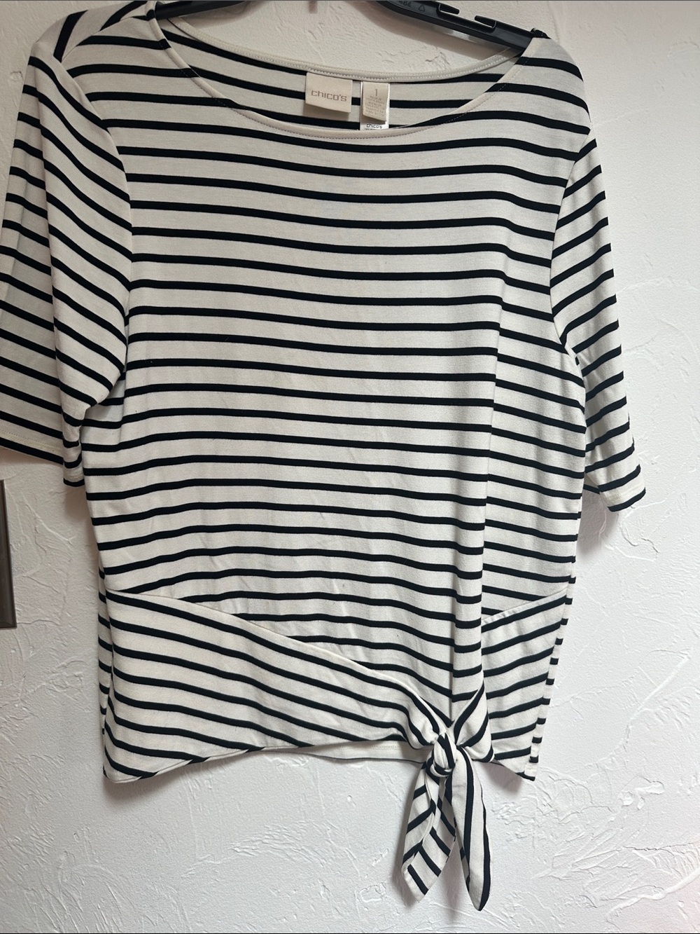 Chico's Black and White Striped Tie-Front Short Sleeve Top